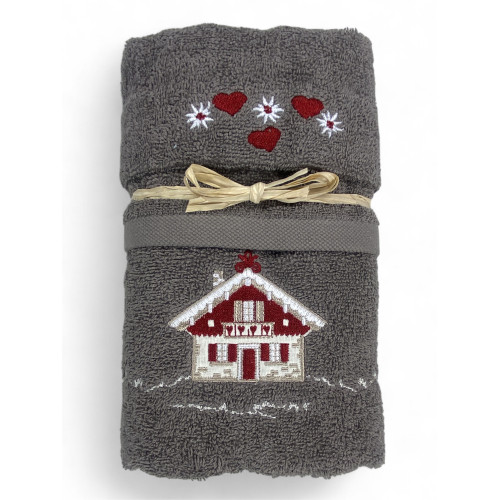 Set asciugamani Tirolese Tirolo grigio con ricamo casetta alpina in spugna 100% cotone