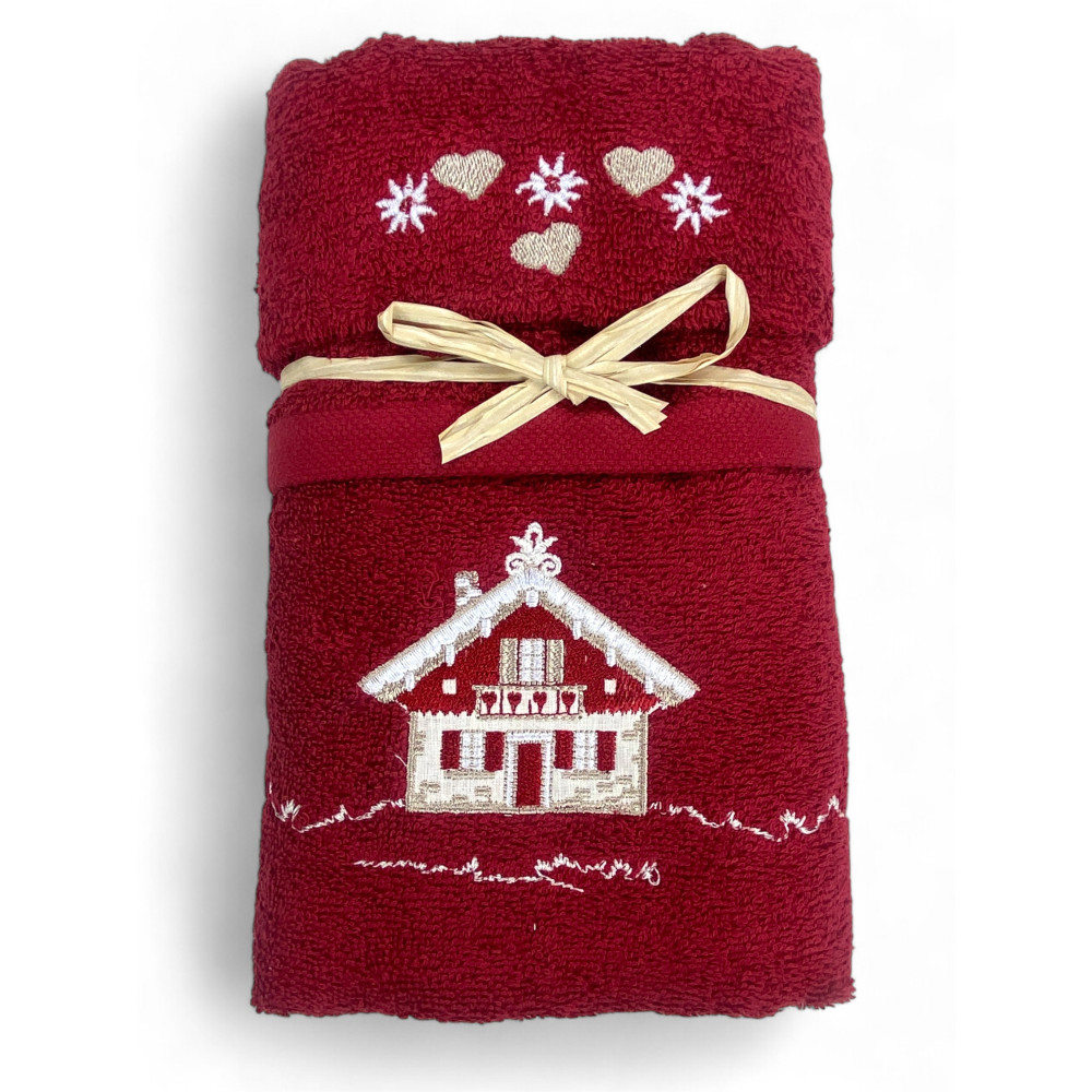 Towel set Tyrolean Tyrol burgundy with embroidery alpine house in terry cloth 100% cotton