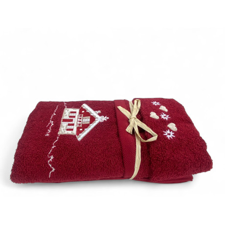 Ensemble de serviettes Tyrol Tyrol bordeaux avec broderie maison alpine en tissu éponge 100 % coton 2
