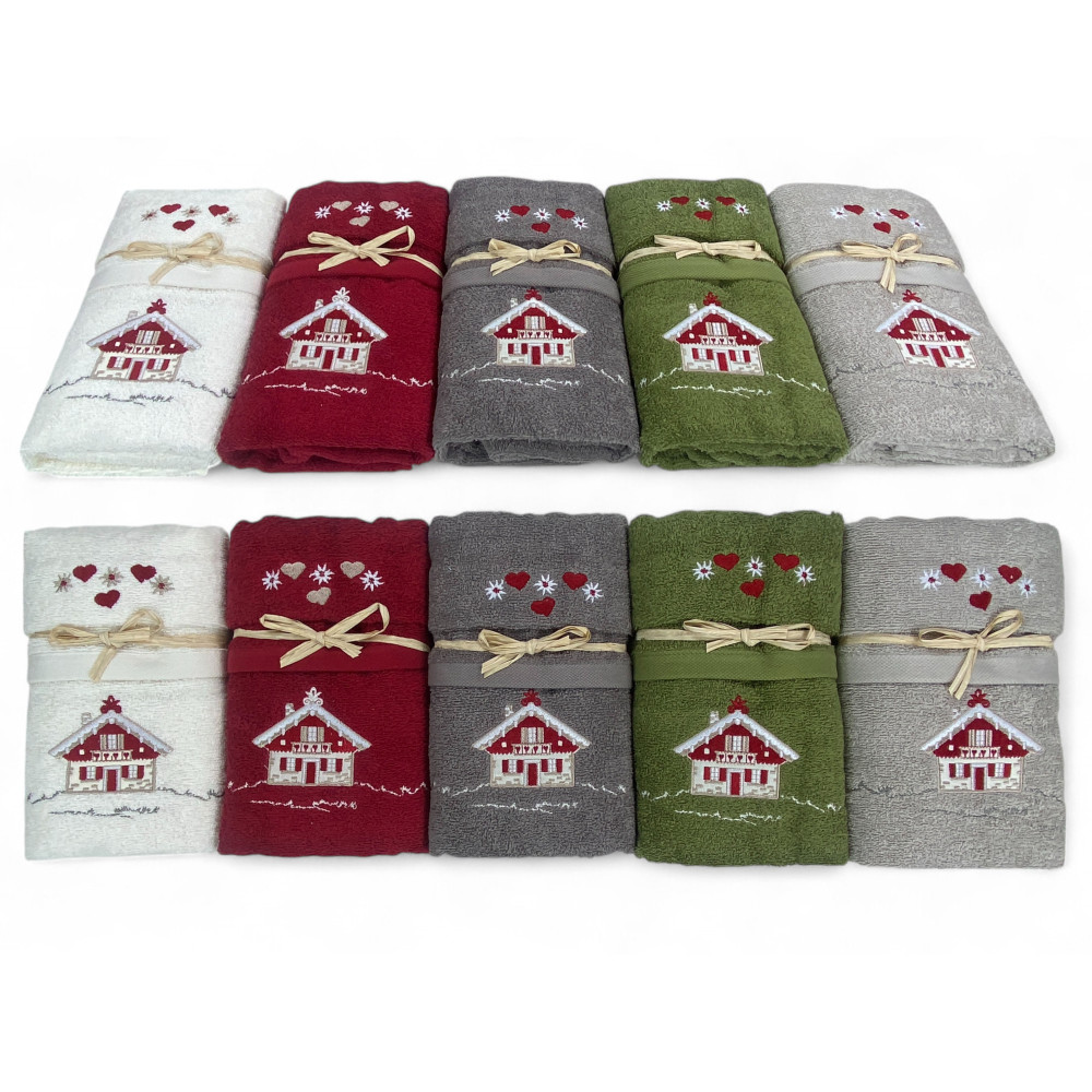 Tyrolean-style chalet towels in burgundy terry cloth with heart and star motifs