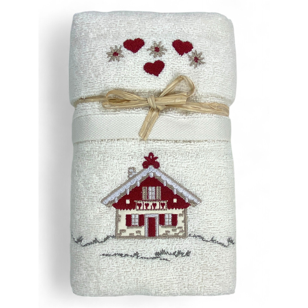 Cream Tyrolean towel set with embroidery alpine house in 100% cotton terry cloth