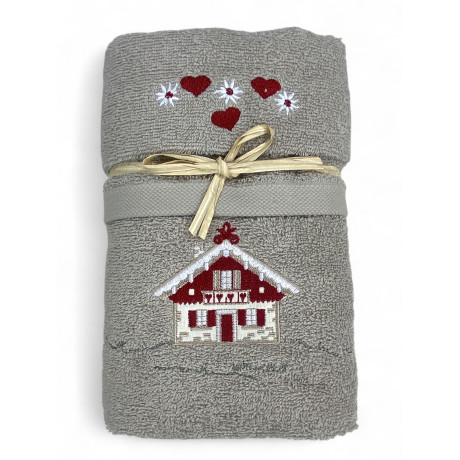 Taupe Tyrolean towel set with Tyrolean house embroidery on terry cloth 100% cotton