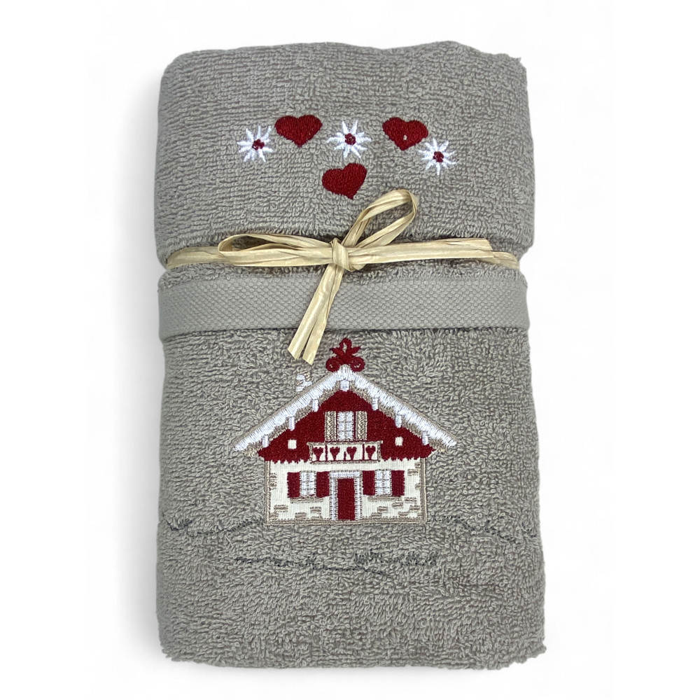 Taupe Tiroler Handtuchset mit Tiroler Hausstickerei auf Frottee 100% Baumwolle