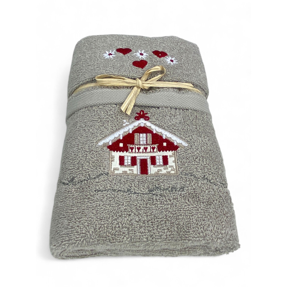 Conjunto de baño topo con chalet bordado estilo montaña y lazo de regalo