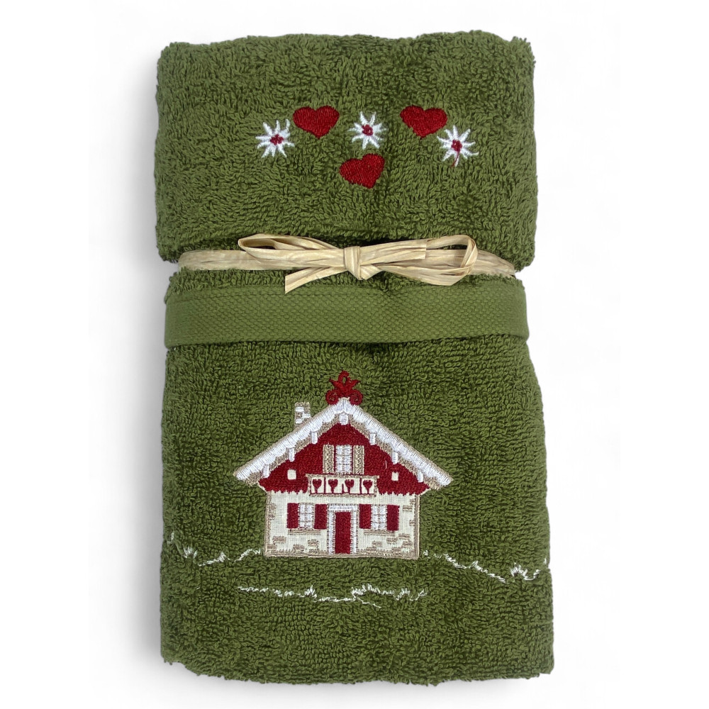 Green Tyrolean towel set with chalet house embroidery on 100% cotton terry cloth