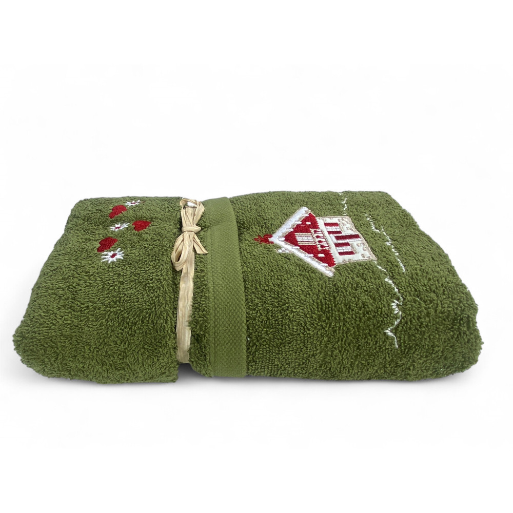 Green terry bath set with Tyrolean chalet decoration and bow