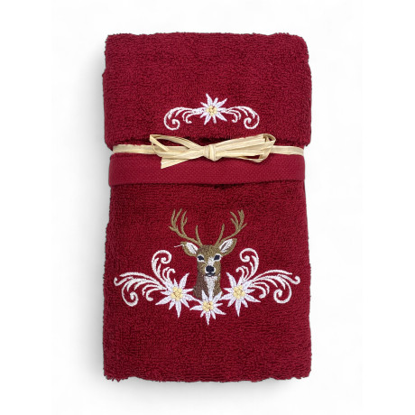 Serviette tyrolienne bordeaux avec broderie cerf et edelweiss sur tissu éponge 100 % coton