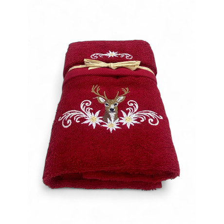Set asciugamani bordeaux Tirolese con ricamo cervo e stelle alpine su spugna 100% cotone 2