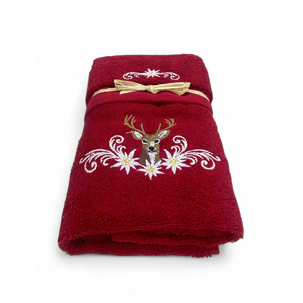 Asciugamano Tirolo bordeaux con cervo centrale ricamato e fiore stella alpina