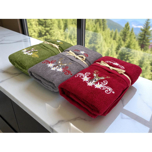 Set regalo Tirolese cervo e stelle alpine su fondo bordeaux - Made in Italy