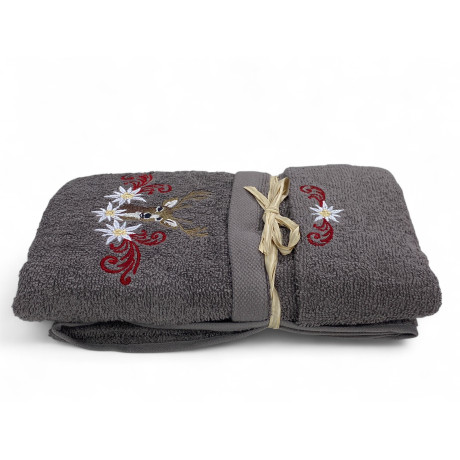 Set asciugamani grigio Tirolese con ricamo cervo e stelle alpine su spugna 100% cotone 2