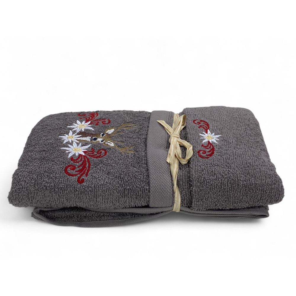 Set de salle de bain gris avec broderie de cerf, fleur d’edelweiss et rinceaux rouges