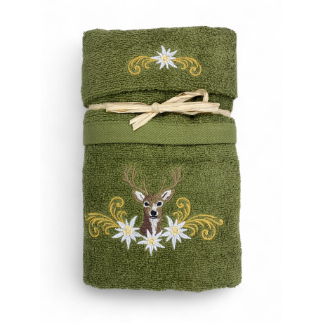 Ensemble de serviettes vert tyrolienne avec broderie de cerf et edelweiss blanc