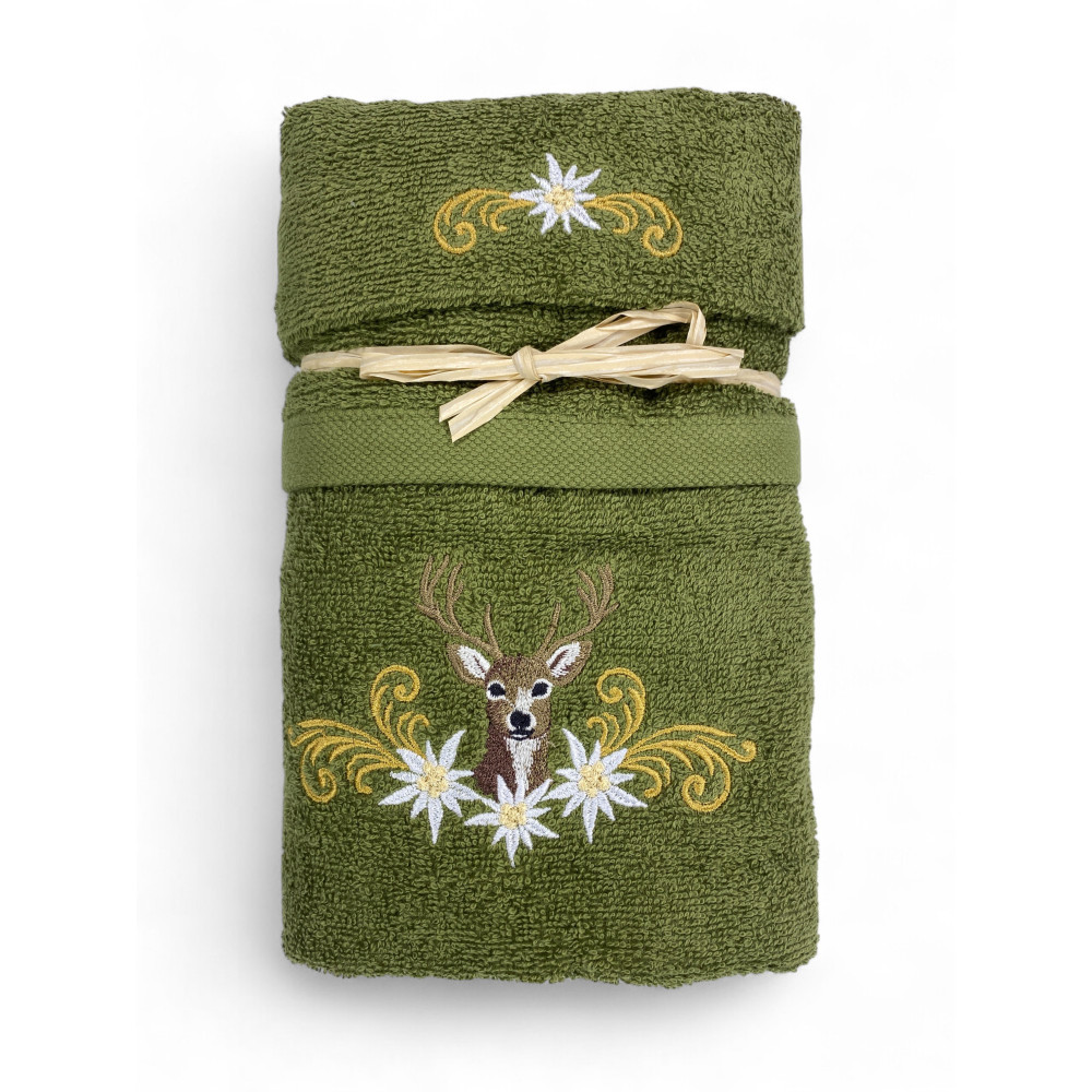 Tyrolean green towel set with deer embroidery and white edelweiss