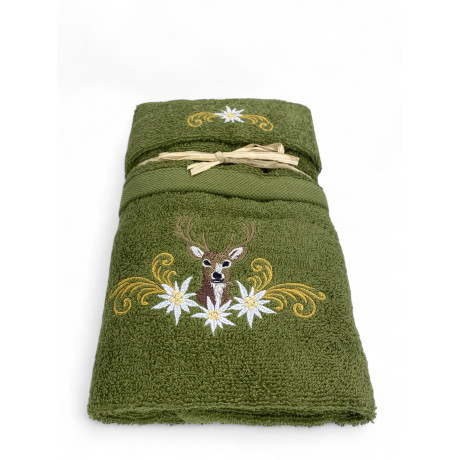 Tyrolean green towel set with deer embroidery and white edelweiss 2