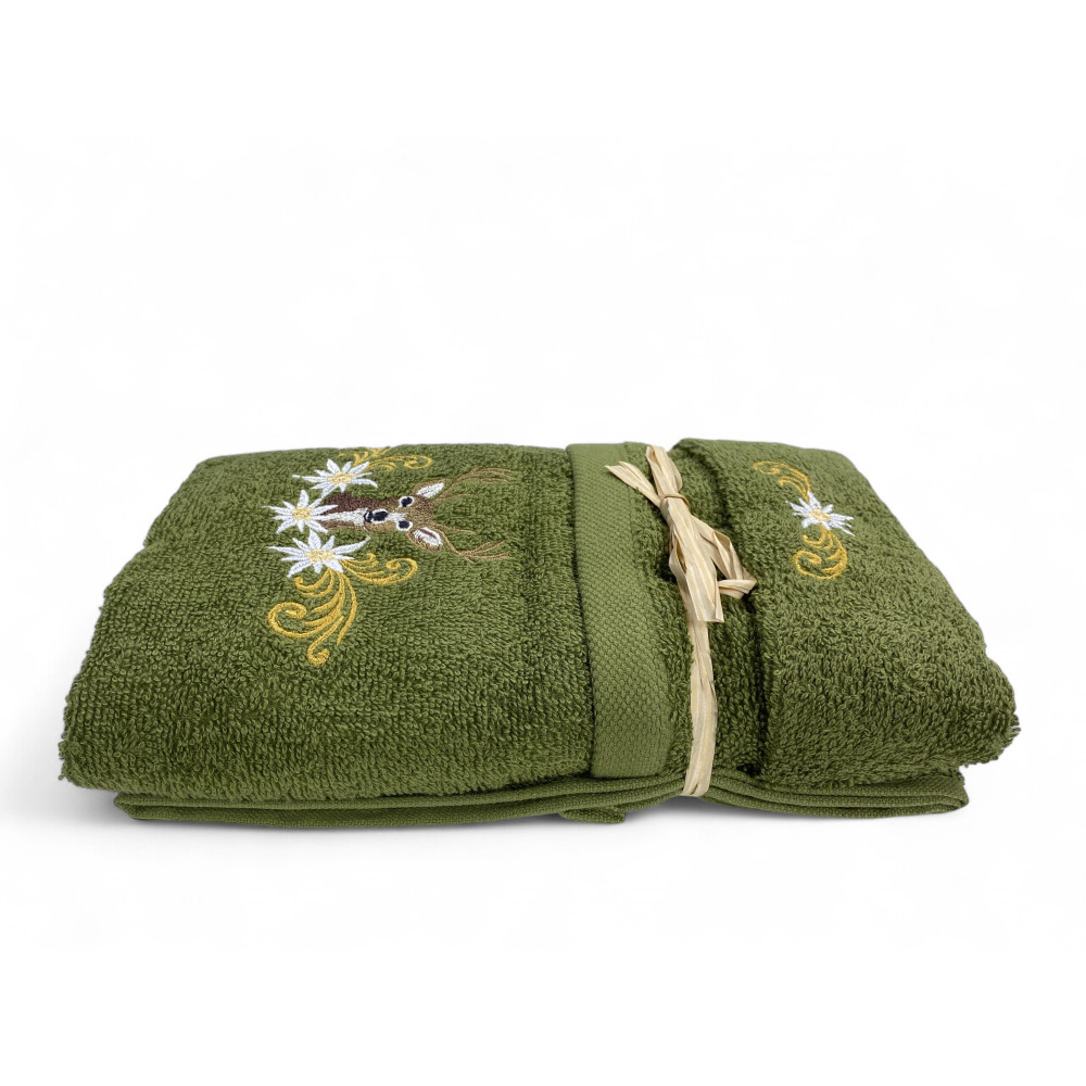 Coffret cadeau de bain en éponge verte tyrolienne avec détails de montagne et nœud