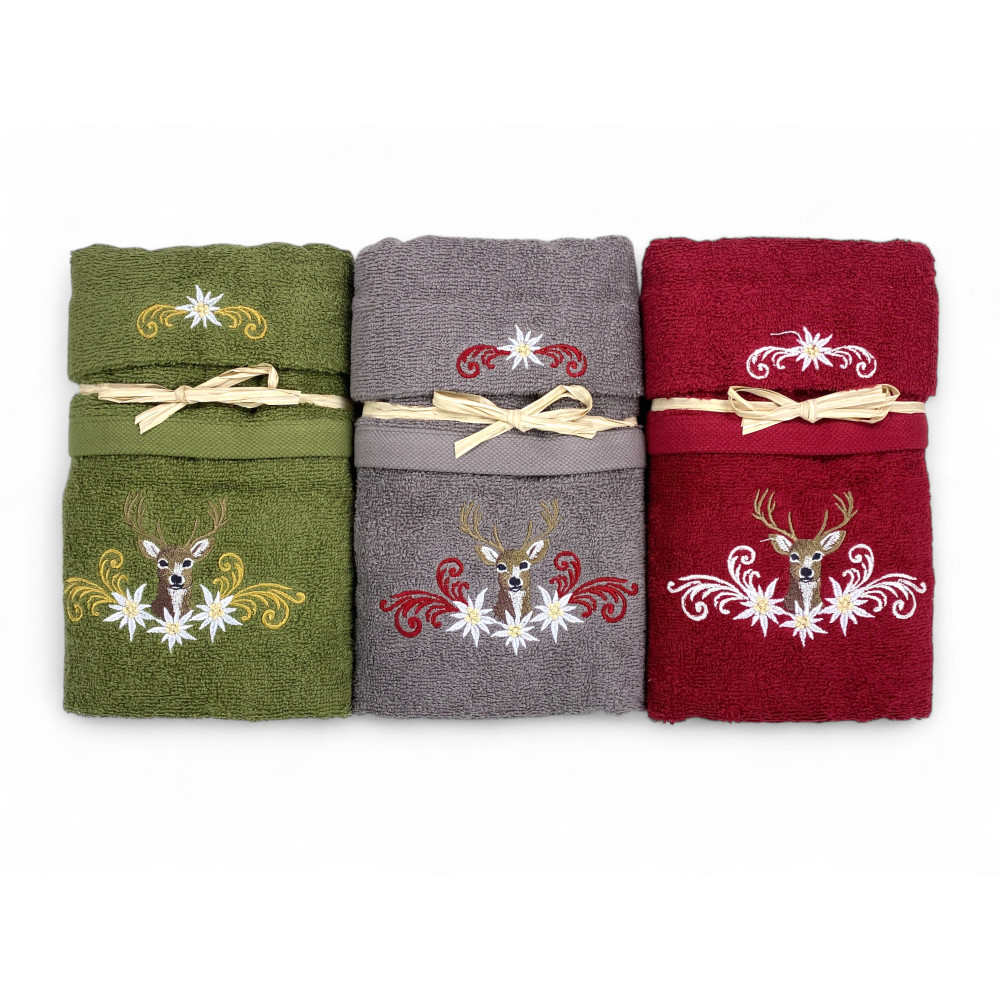 Green Tyrolean Towel Set with Deer - 100% Cotton - Made in Italy