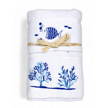 Serviette blanche avec poissons et coraux brodés - 100 % coton éponge