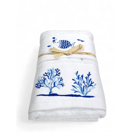 White towel set with embroidered fish and corals - 100% cotton terry cloth 2