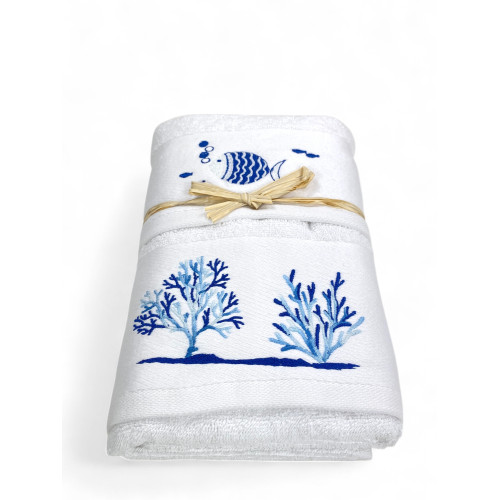 Weißes Strandtuch - blaue Fisch- und Korallenstickerei - Made in Italy