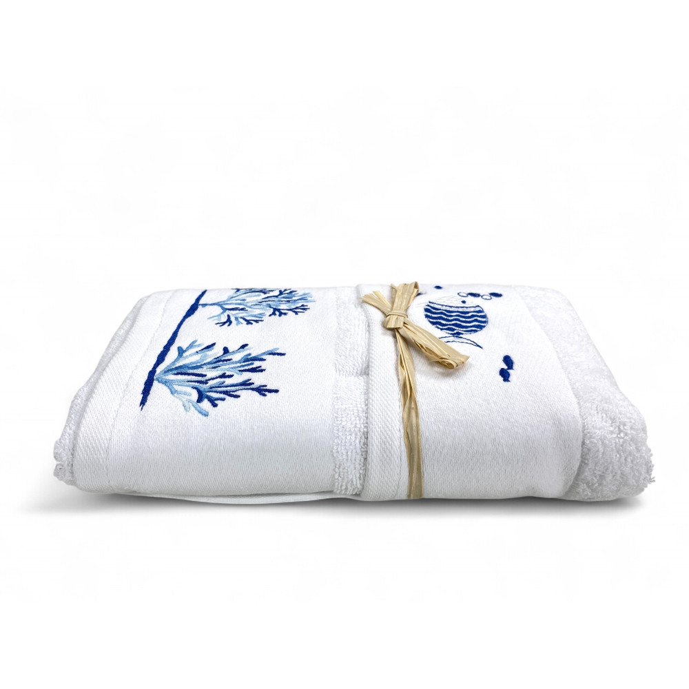 Set de baño náutico blanco con peces y corales - tejido absorbente
