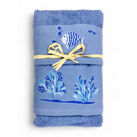 Set asciugamani blu con pesci e coralli ricamati - spugna 100% cotone