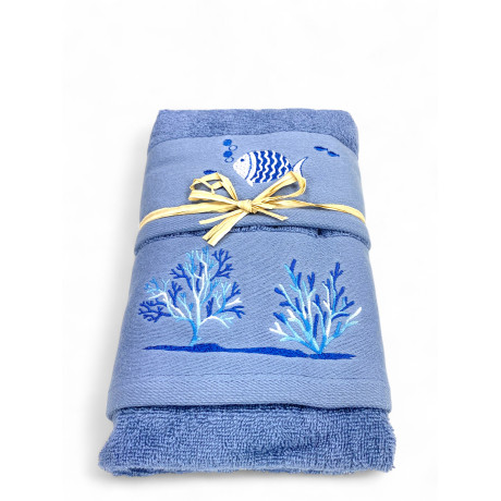 Blaues Handtuchset mit gestickten Fischen und Korallen - 100% Baumwolle Frottee 2