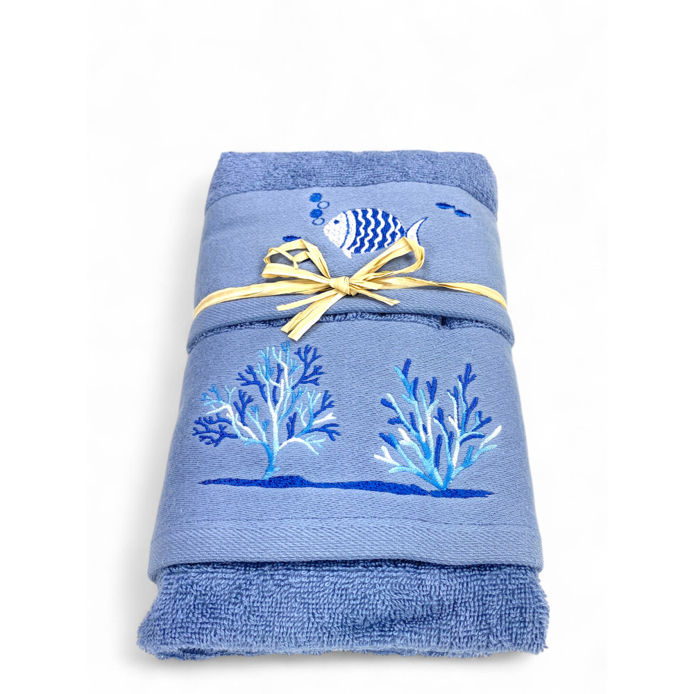 Blue beach towel - white fish and coral embroidery - Made in Italy