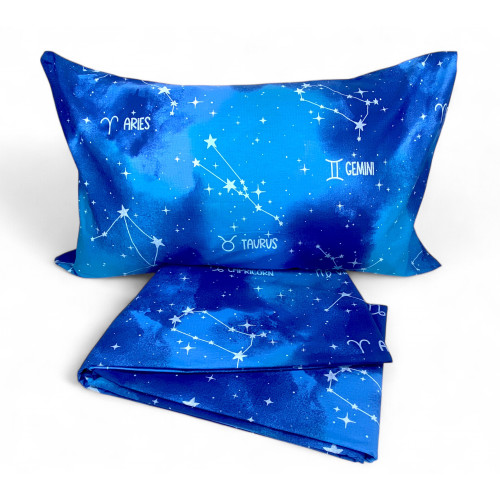 Blue sheets set with mystical zodiac signs on bed – Italian cotton