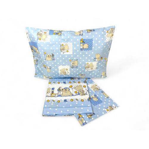 Completo lenzuolo Pedro lettino azzurro decorazione orsetto in cotone 100%, Made in Italy