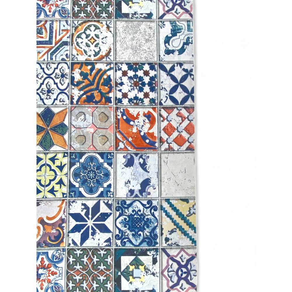 Dettaglio tessuto passatoia effetto piastrella vintage multicolore