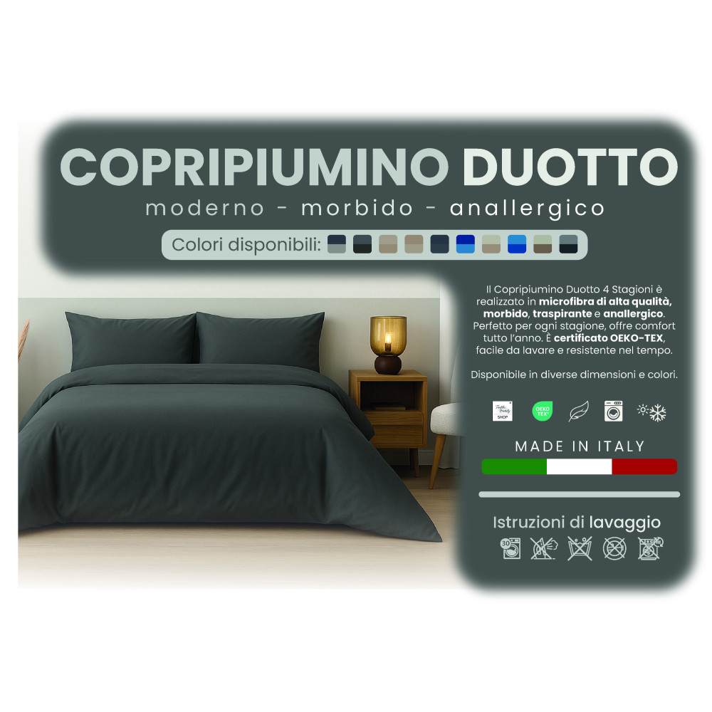 Duotto Bettbezug 4 Jahreszeiten Grau und Anthrazit - Double Face Mikrofaser, Öko-Tex zertifiziert, Made in Italy