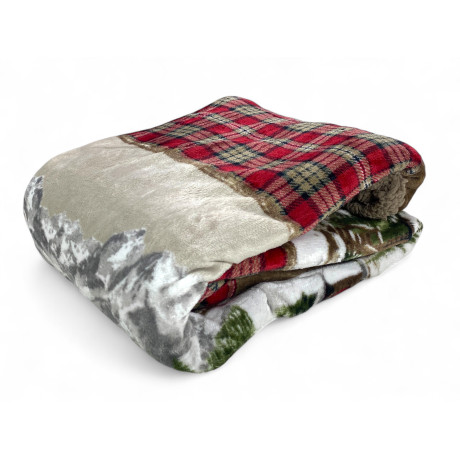 Gefaltetes Sherpa Chalet Plaid mit Hirschmuster und taupefarbenem Lammfellrücken