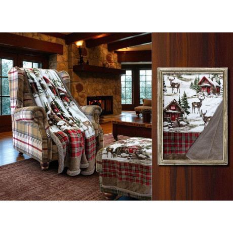 Gefaltetes Sherpa Chalet Plaid mit Hirschmuster und taupefarbenem Lammfellrücken 2