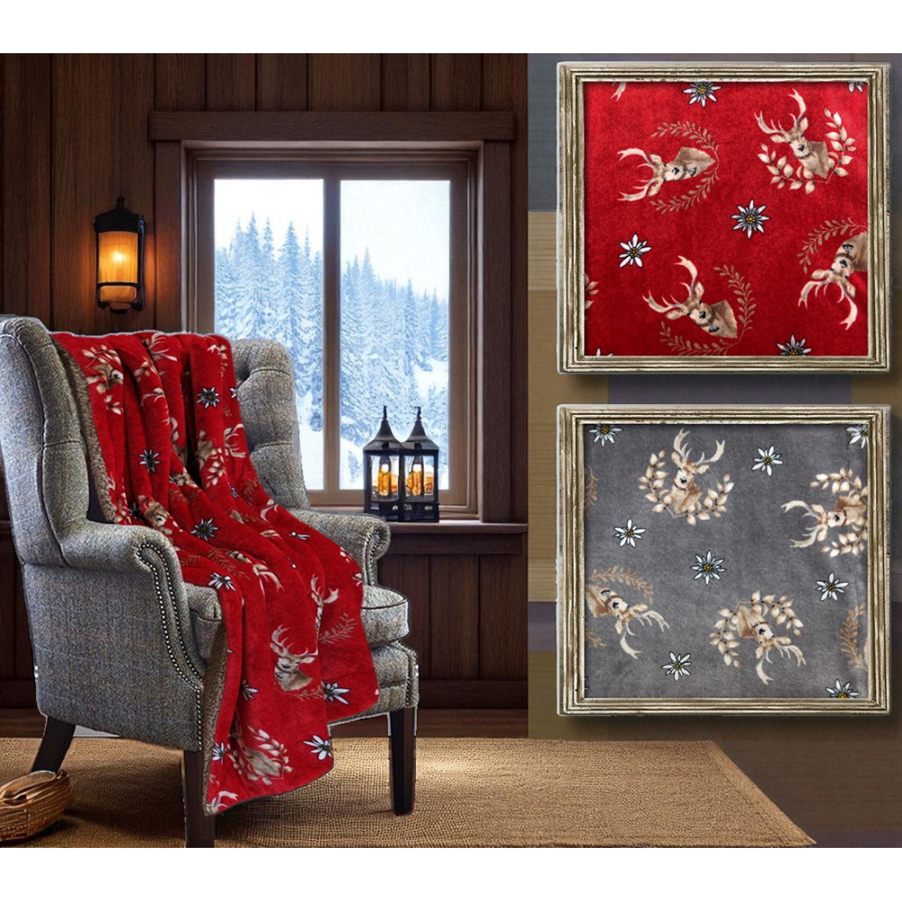 Front view of red blanket with deer in Tyrolean style