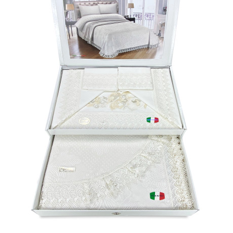 Bauletto Aurora – Juego de cama doble con sábanas de puro algodón y colcha acabada con encaje de macramé
