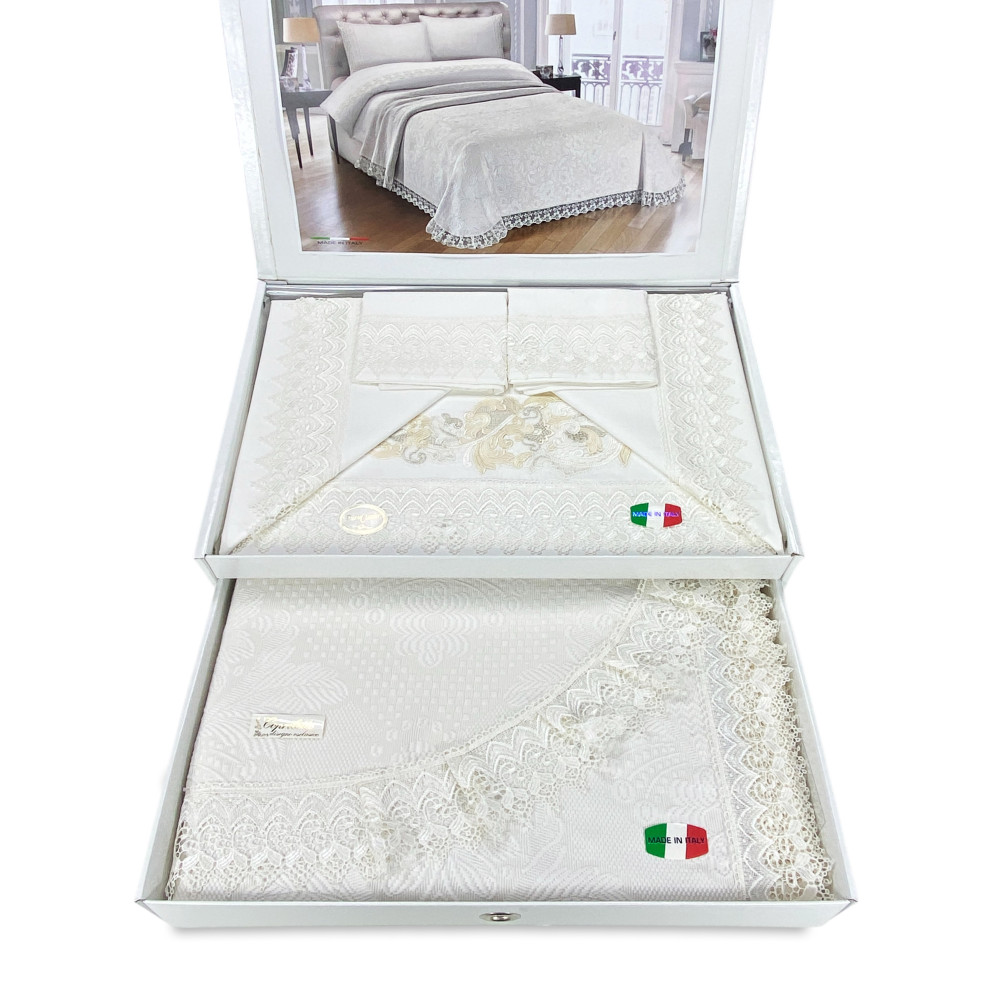 Bauletto Aurora – Double bed set with pure cotton sheets and bedspread finished with macramé lace