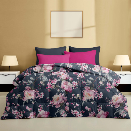 Edredón doble de invierno Stream 500 gr con estampado floral rosa sobre fondo azul medianoche 80% pluma 20% edredón nórdico