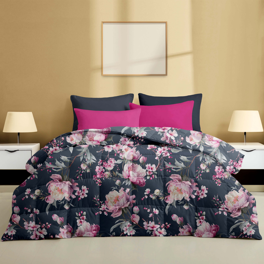 Stream 500 gr couette double d’hiver à motif floral rose sur fond bleu nuit 80 % plume 20 % couette