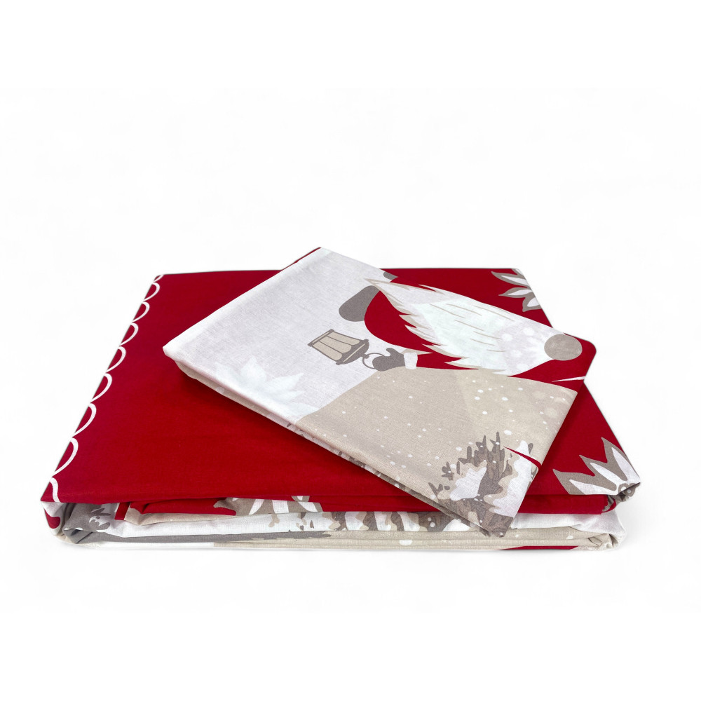 Copripiumino natalizio rosso - dettaglio stampa con folletti e cuori decorativi