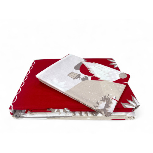 Roter Weihnachtsbettbezug - Druckdetail mit dekorativen Elfen und Herzen