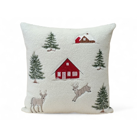 Federa cuscino arredo 40x40 cm in pile agnellato bianco con cervo e casina in stile tirolese