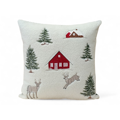 Decorative cushion cover 40x40 cm in white lambskin fleece with deer and Tyrolean-style house
