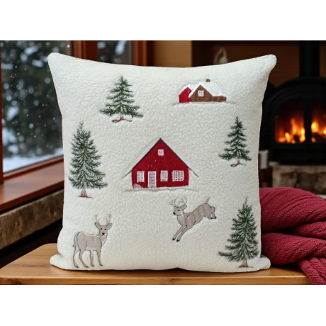 Dekorativer Kissenbezug 40x40 cm aus weißem Lammfellvlies mit Hirsch und Haus im Tiroler Stil 2