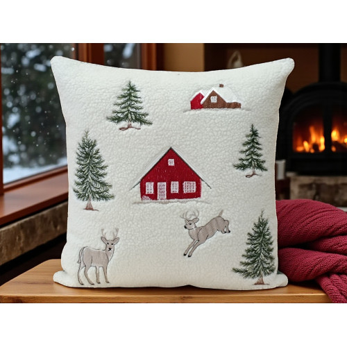 Winter decorative cushion with deer embroidery and mountain chalet Made in Italy
