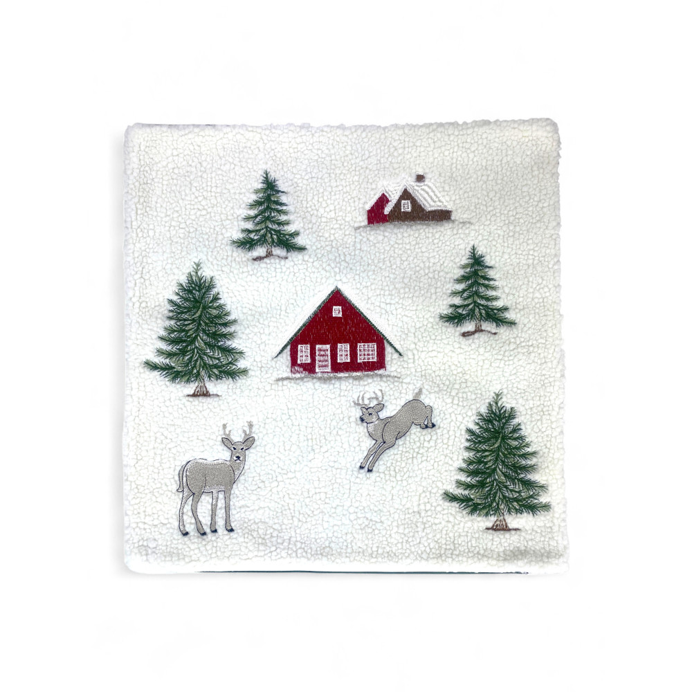 Cushion cover 40x40 cabin style with deer, pines and red house on white background