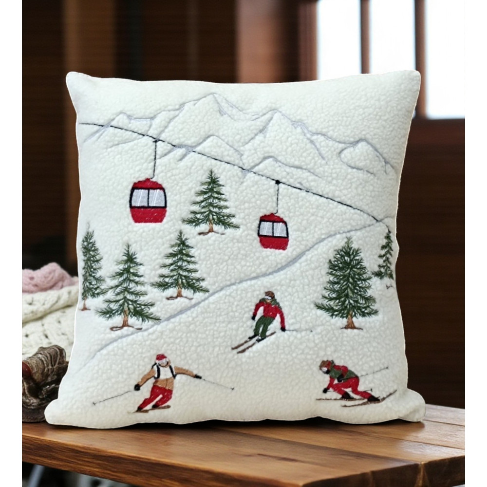 Lambskin fleece cushion cover with alpine scene skiers and snowy mountains