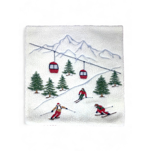 Decorative mountain chalet pillowcase with skiers, pines and cable car Made in Italy