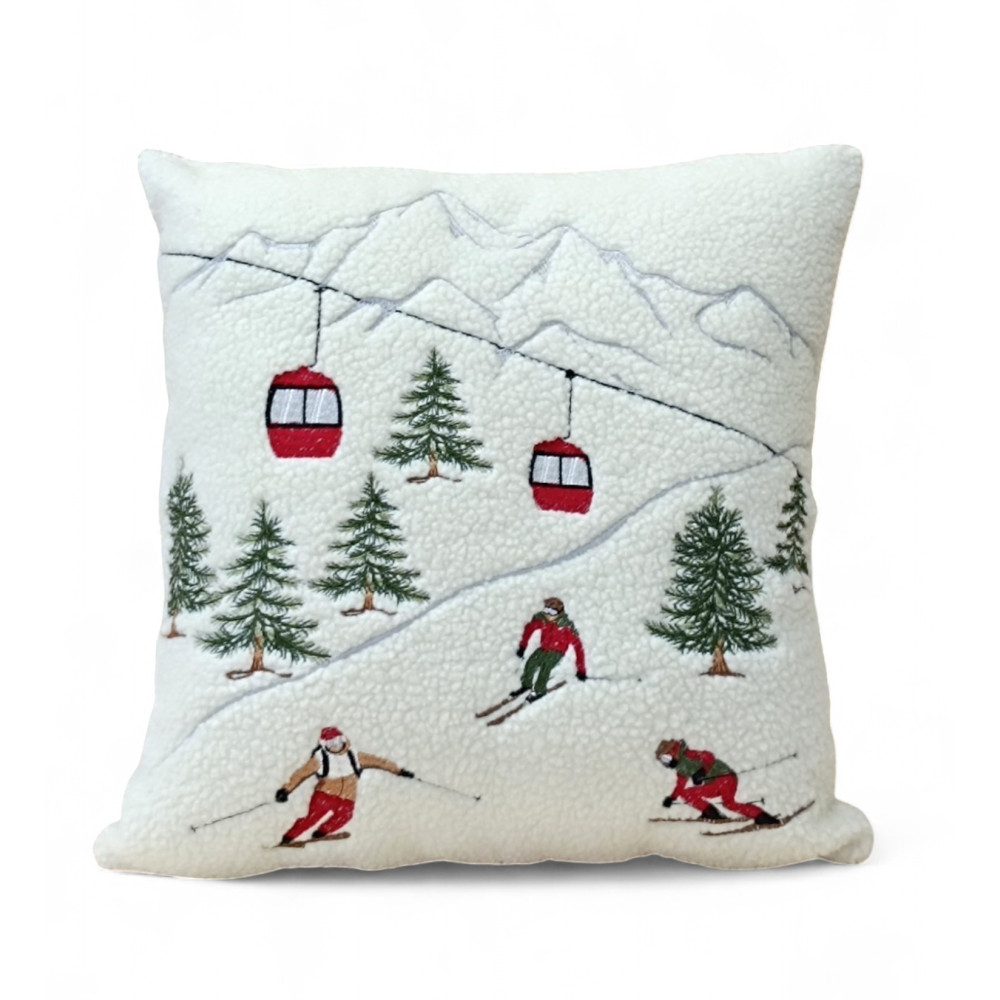 Winter cushion cover 40x40 cm with skiers and red cable car in Tyrolean style