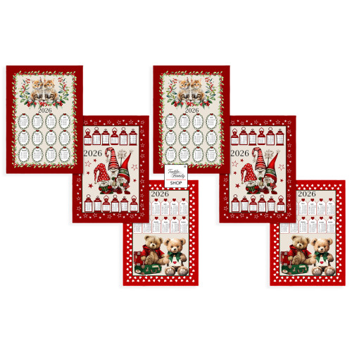 Toallas de cocina de algodón Calendario de Navidad 2026 – Juego de 6 piezas, 3 impresiones, Made in Italy, Idea de regalo